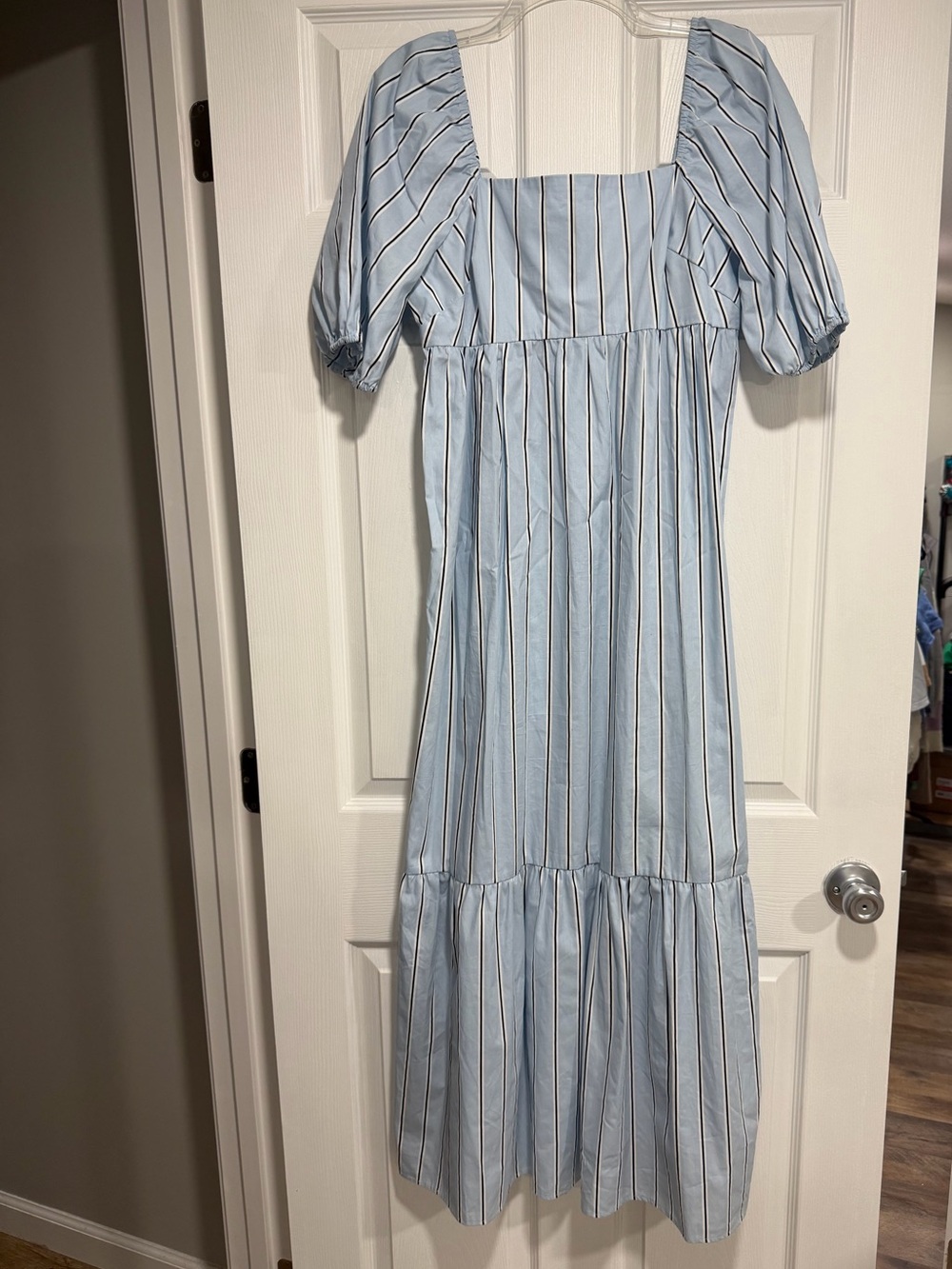 Light Blue Striped Puff-Sleeve Maxi Dress
